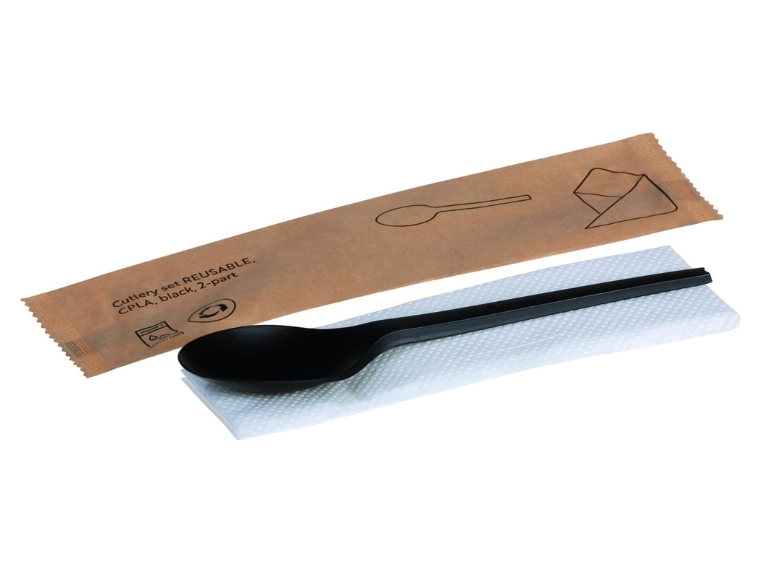 Besteckset CPLA Suppenlöffel schwarz Serviette